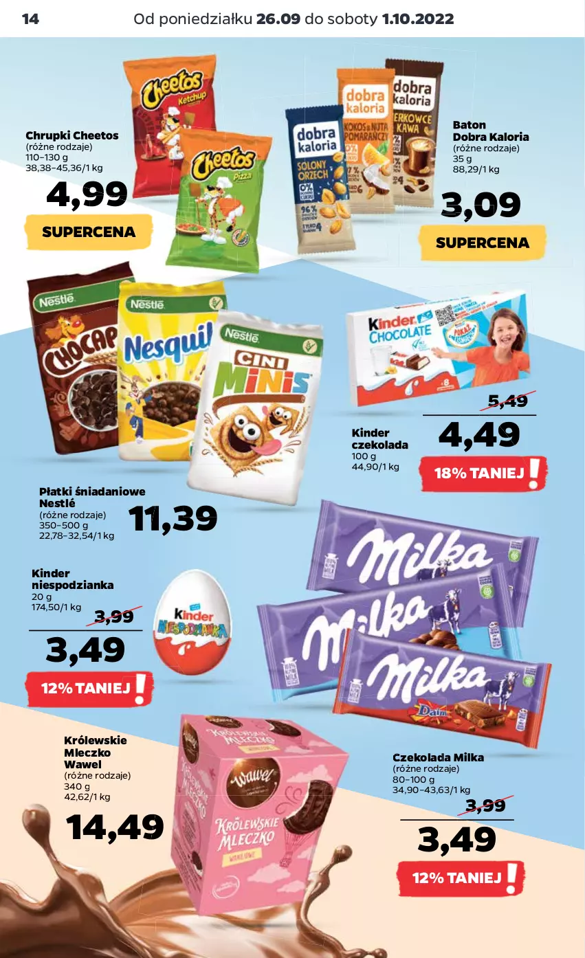 Gazetka promocyjna Netto - Artykuły spożywcze - ważna 26.09 do 01.10.2022 - strona 14 - produkty: Baton, Cheetos, Chrupki, Czekolada, Danio, Kinder, Królewski, Królewskie Mleczko, Milka, Mleczko, Nestlé, Wawel