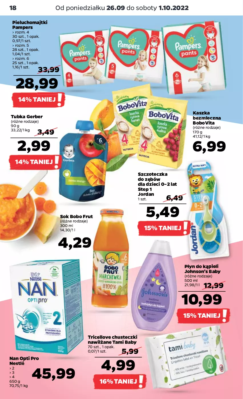 Gazetka promocyjna Netto - Artykuły spożywcze - ważna 26.09 do 01.10.2022 - strona 18 - produkty: BoboVita, Chusteczki, Dzieci, Gerber, Majtki, Nestlé, Pampers, Pieluchomajtki, Płyn do kąpieli, Sok, Szczoteczka, Szczoteczka do zębów