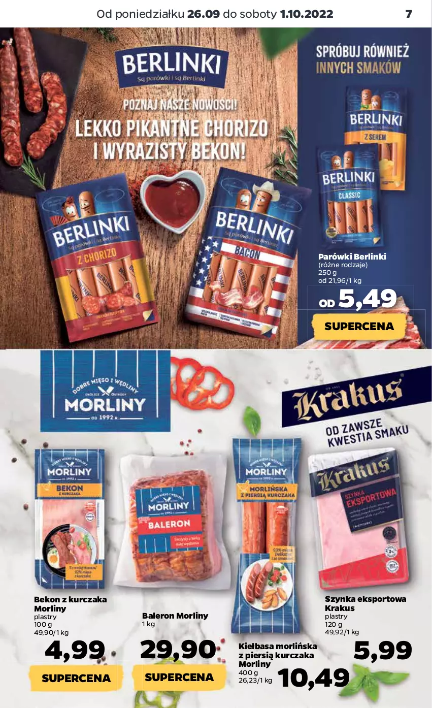 Gazetka promocyjna Netto - Artykuły spożywcze - ważna 26.09 do 01.10.2022 - strona 7 - produkty: Beko, Berlinki, Kiełbasa, Krakus, Kurczak, Morliny, Parówki, Por, Sport, Szynka