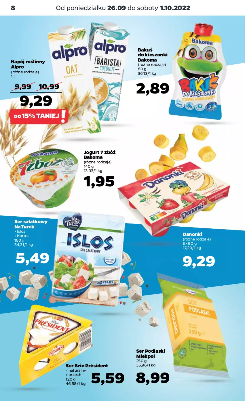 Gazetka promocyjna Netto - Artykuły spożywcze - ważna 26.09 do 01.10.2022 - strona 8 - produkty: Alpro, Bakoma, Brie, Danonki, Jogurt, Napój, Napój roślinny, NaTurek, Podlaski, Président, Sałat, Ser