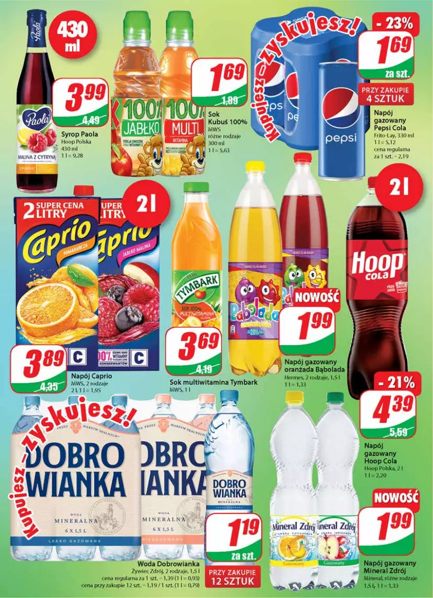 Gazetka promocyjna Dino - Gazetka - ważna 14.04 do 20.04.2021 - strona 2 - produkty: Dobrowianka, Hoop, Napój, Napój gazowany, Oranżada, Paola, Pepsi, Sok, Syrop, Tymbark, Woda