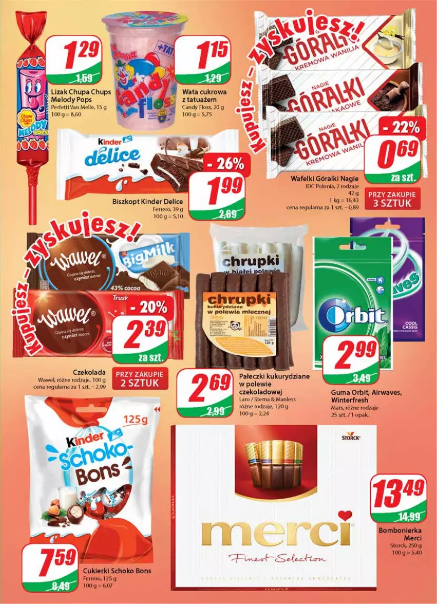 Gazetka promocyjna Dino - Gazetka - ważna 14.04 do 20.04.2021 - strona 3 - produkty: Candy, Chrupki, Chupa Chups, Cukier, Cukierki, Czekolada, Ferrero, Góralki, Kinder, Lody, Mars, Merci, Miecz, Orbit, Wata cukrowa, Wawel