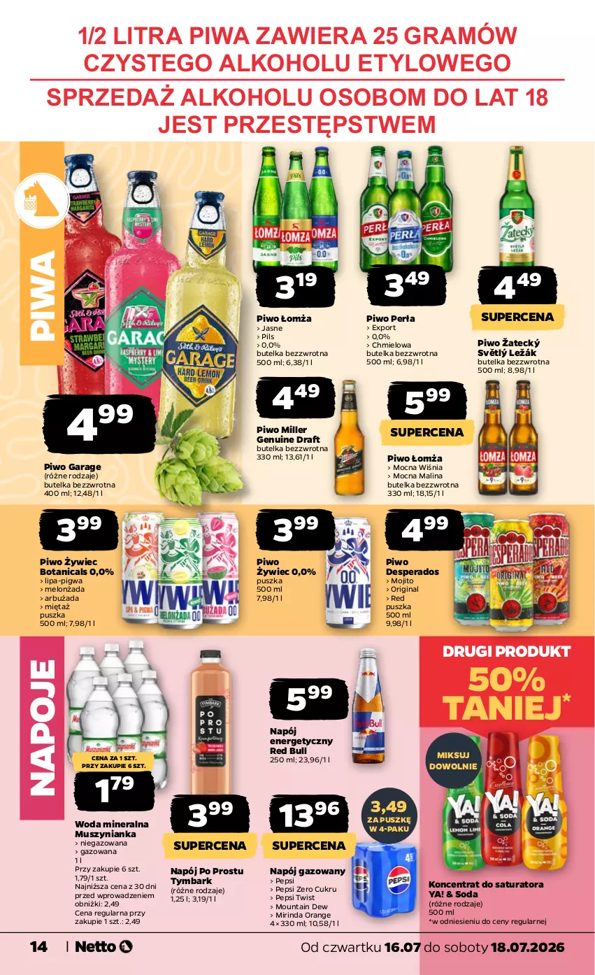 Gazetka promocyjna Netto - Od Czwartku - ważna 16.07 do 18.07.2026 - strona 14 - produkty: Desperados, Gin, Gra, Melon, Mięta, Mirinda, Mus, Muszynianka, Napój, Napój energetyczny, Napój gazowany, Napoje, Pepsi, Perła, Piwa, Piwo, Por, Red Bull, Tymbark, Woda, Woda mineralna