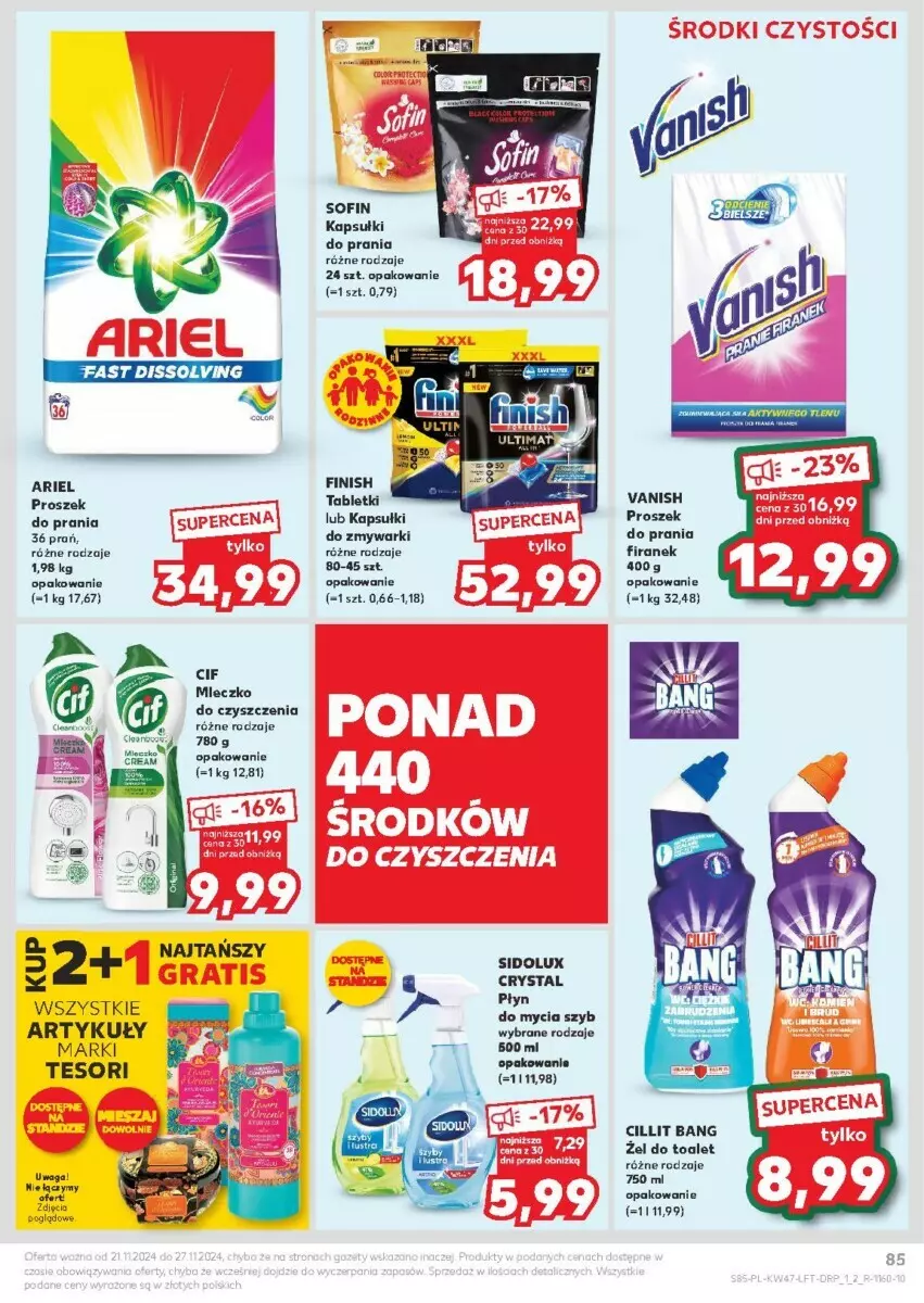 Gazetka promocyjna Kaufland - ważna 21.11 do 27.11.2024 - strona 84 - produkty: Ariel, Cillit Bang, Finish, Kapsułki do prania, Proszek do prania, Sidolux, Tablet, Vanish, Waga, Zmywarki