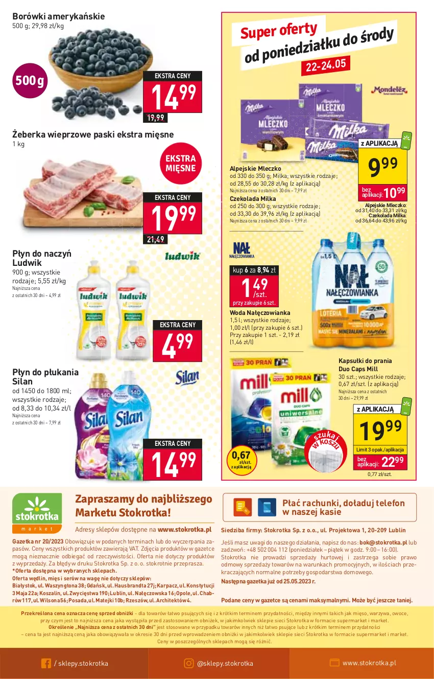 Gazetka promocyjna Stokrotka - Market - ważna 18.05 do 24.05.2023 - strona 12 - produkty: Czekolada, Kapsułki do prania, Karp, Kosz, Ludwik, Mięso, Milka, Mleczko, Nałęczowianka, O nas, Owoce, Płyn do płukania, Ser, Silan, Szal, Telefon, Wagi, Warzywa, Wilson, Woda