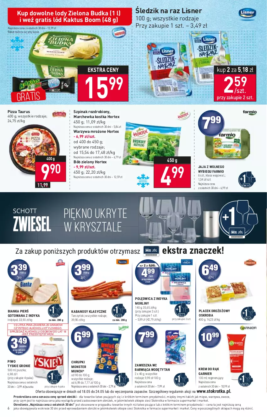 Gazetka promocyjna Stokrotka - Market - ważna 18.05 do 24.05.2023 - strona 6 - produkty: Chrupki, Fa, Garnier, Gra, Hortex, Jaja, Jaja z wolnego wybiegu, Kabanos, Kaktus, Lisner, Lody, Marchewka, Mięso, Monster Munch, Morliny, Owoce, Piwa, Piwo, Pizza, Szpinak, Tyskie, Warzywa, Zielona Budka