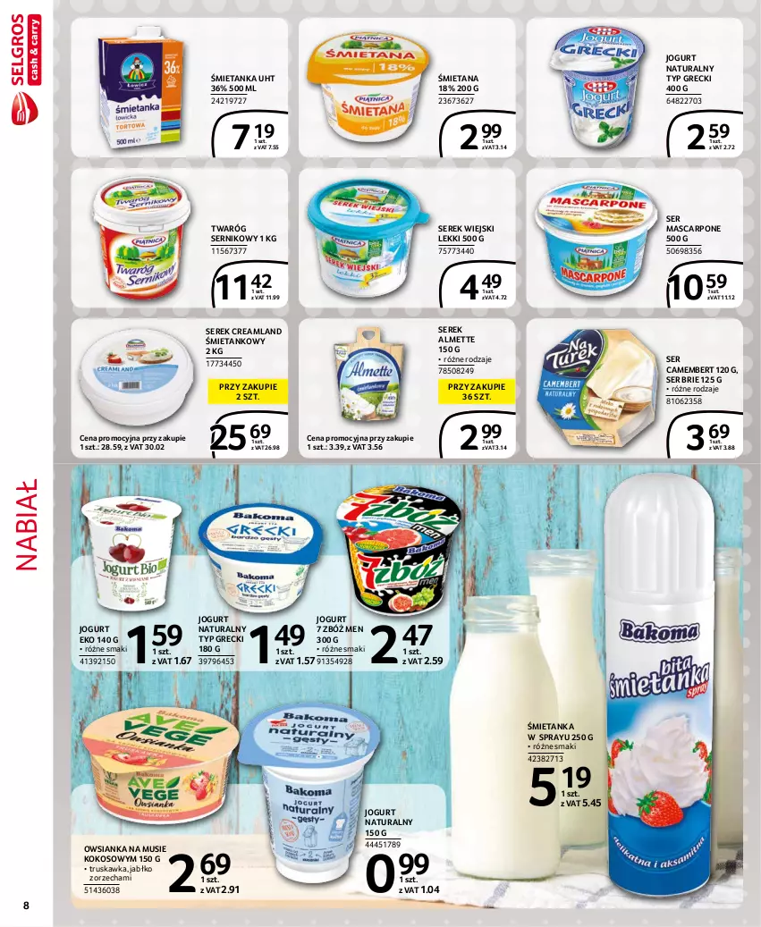 Gazetka promocyjna Selgros - Extra Oferta - ważna 01.11 do 30.11.2021 - strona 8 - produkty: Almette, Brie, Camembert, Jogurt, Jogurt naturalny, Kokos, Mascarpone, Mus, Owsianka, Ser, Serek, Serek wiejski, Twaróg