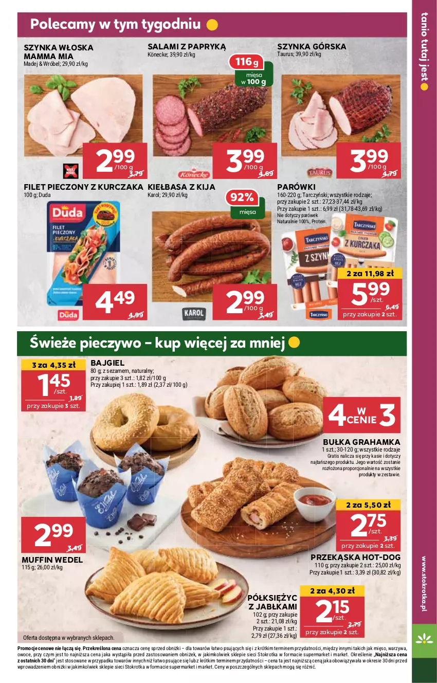 Gazetka promocyjna Stokrotka - Supermarket - ważna 22.05 do 28.05.2025 - strona 13 - produkty: Bułka, Bułka grahamka, Duda, Gra, Jabłka, Kiełbasa, Kurczak, Mięso, Owoce, Parówki, Piec, Pieczywo, Por, Salami, Salami z papryką, Sezam, Szynka, Tarczyński, Warzywa