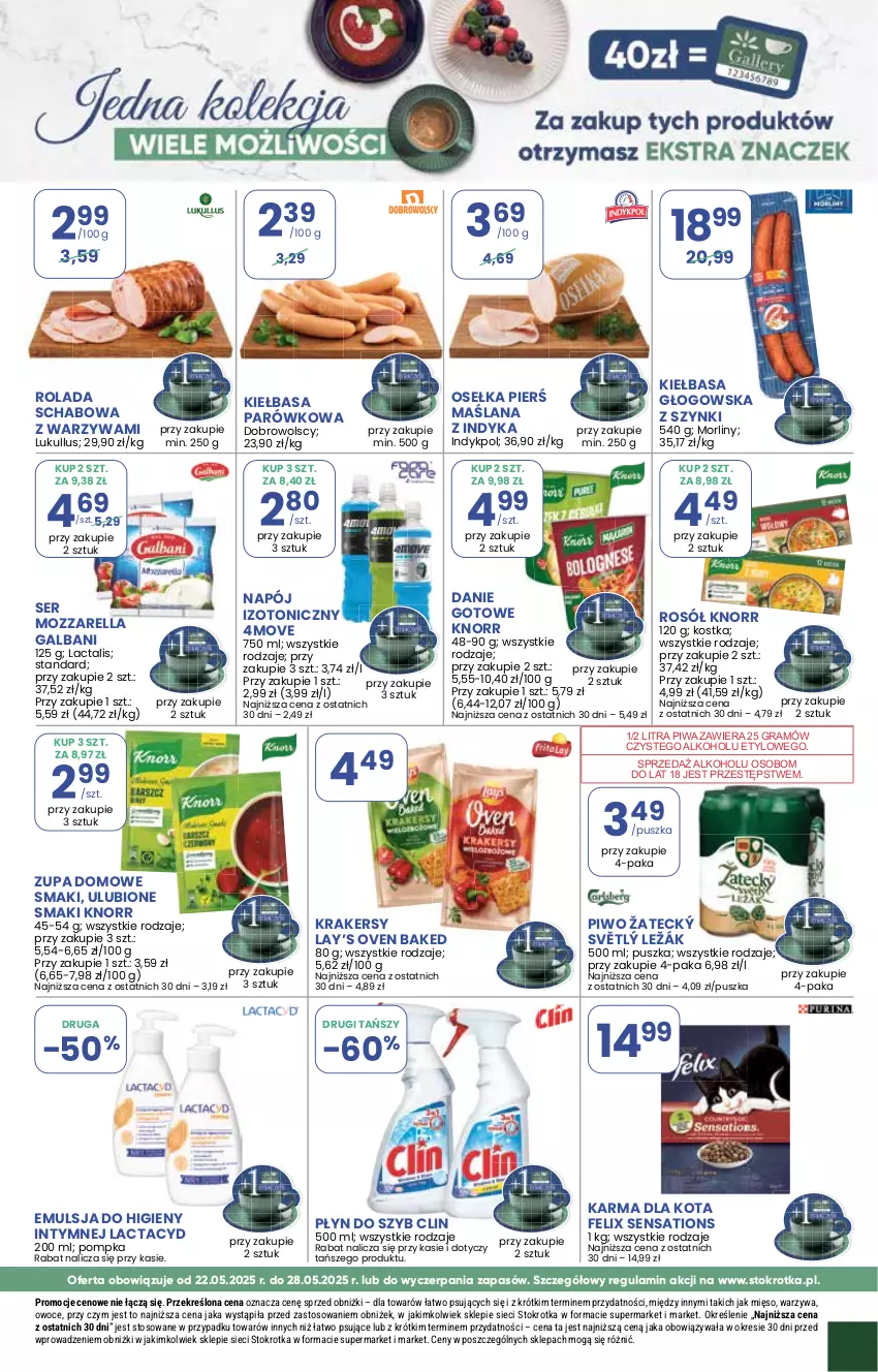 Gazetka promocyjna Stokrotka - Supermarket - ważna 22.05 do 28.05.2025 - strona 25 - produkty: Clin, Danie gotowe, Emulsja, Felix, Galbani, Gra, Kiełbasa, Kiełbasa głogowska, Knorr, Krakersy, Lactacyd, LANA, Lay’s, Mięso, Morliny, Mozzarella, Napój, Napój izotoniczny, Owoce, Piwa, Piwo, Płyn do szyb, Pompka, Rolada, Rosół, Sati, Ser, Warzywa, Zupa
