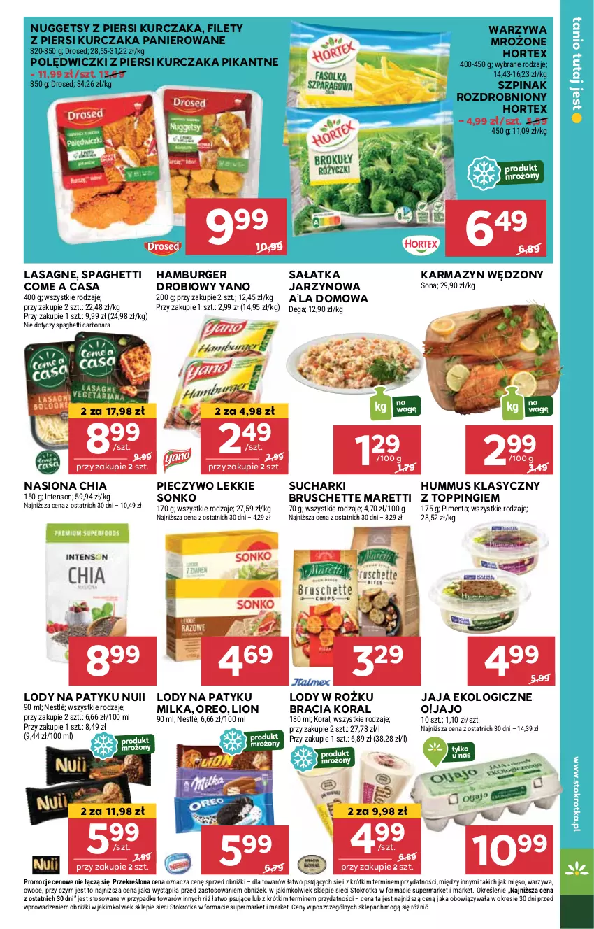 Gazetka promocyjna Stokrotka - Supermarket - ważna 22.05 do 28.05.2025 - strona 27 - produkty: Bruschette, Burger, Chia, Dega, Hamburger, Hortex, Hummus, Jaja, Karmazyn wędzony, Kurczak, Lasagne, Lion, Lody, Mięso, Milka, Mus, Nestlé, Oreo, Owoce, Piec, Pieczywo, Sałat, Sałatka, Sonko, Spaghetti, Szpinak, Top, Warzywa
