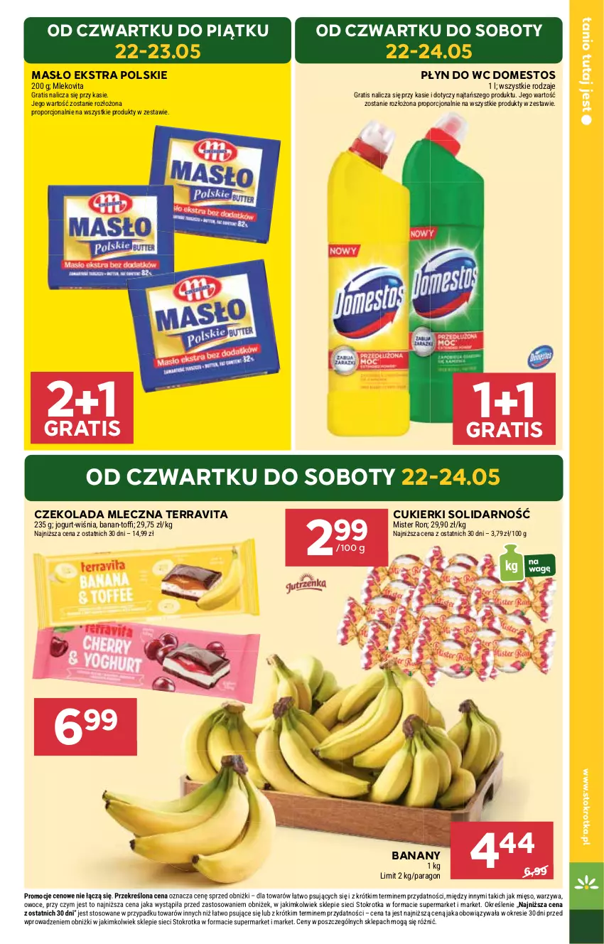 Gazetka promocyjna Stokrotka - Supermarket - ważna 22.05 do 28.05.2025 - strona 3 - produkty: Banany, Cukier, Cukierki, Czekolada, Czekolada mleczna, Domestos, Gra, Jogurt, Masło, Mięso, Mleko, Mlekovita, Owoce, Płyn do wc, Por, Warzywa