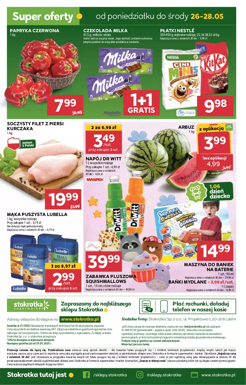 Gazetka promocyjna Stokrotka - Supermarket - ważna 22.05 do 28.05.2025 - strona 41 - produkty: Arbuz, Bell, Bella, Czekolada, Dres, Filet z piersi kurczaka, Gra, JBL, Kurczak, Lubella, Mąka, Mięso, Milka, Napój, Nestlé, O nas, Owoce, Papryka, Papryka czerwona, Por, Szyna, Telefon, Wagi, Warzywa, Zabawka