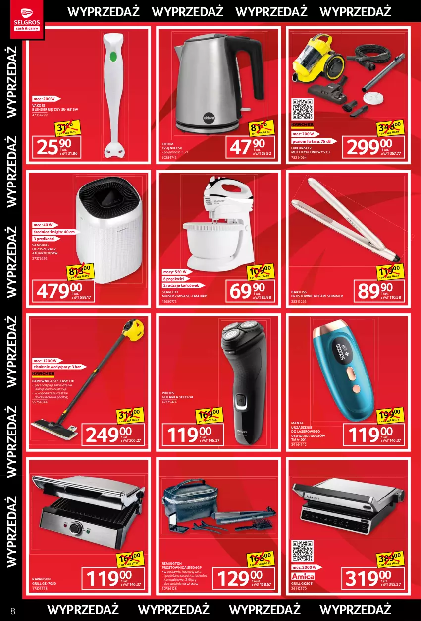 Gazetka promocyjna Selgros - Katalog Wyprzedaż - ważna 30.09 do 13.10.2021 - strona 8 - produkty: Babyliss, Blender, Blender ręczny, Czajnik, Golarka, Grill, Kosmetyczka, Manta, Mikser, Mikser z misą, Odkurzacz, Parownica, Philips, Remington, Samsung, Ser, Szczotka