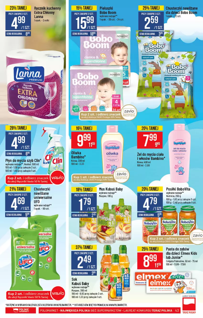 Gazetka promocyjna PoloMarket - Gazetka pomocyjna - ważna 01.09 do 07.09.2021 - strona 43 - produkty: BoboVita, Chusteczki, Clin, Colgate, Dzieci, Elmex, Fa, Kubuś, Laur, LG, Mus, Nivea, Palmolive, Pasta do zębów, Płyn do mycia, Ręcznik, Ręcznik kuchenny, Rolki, Sok, STP, Tera