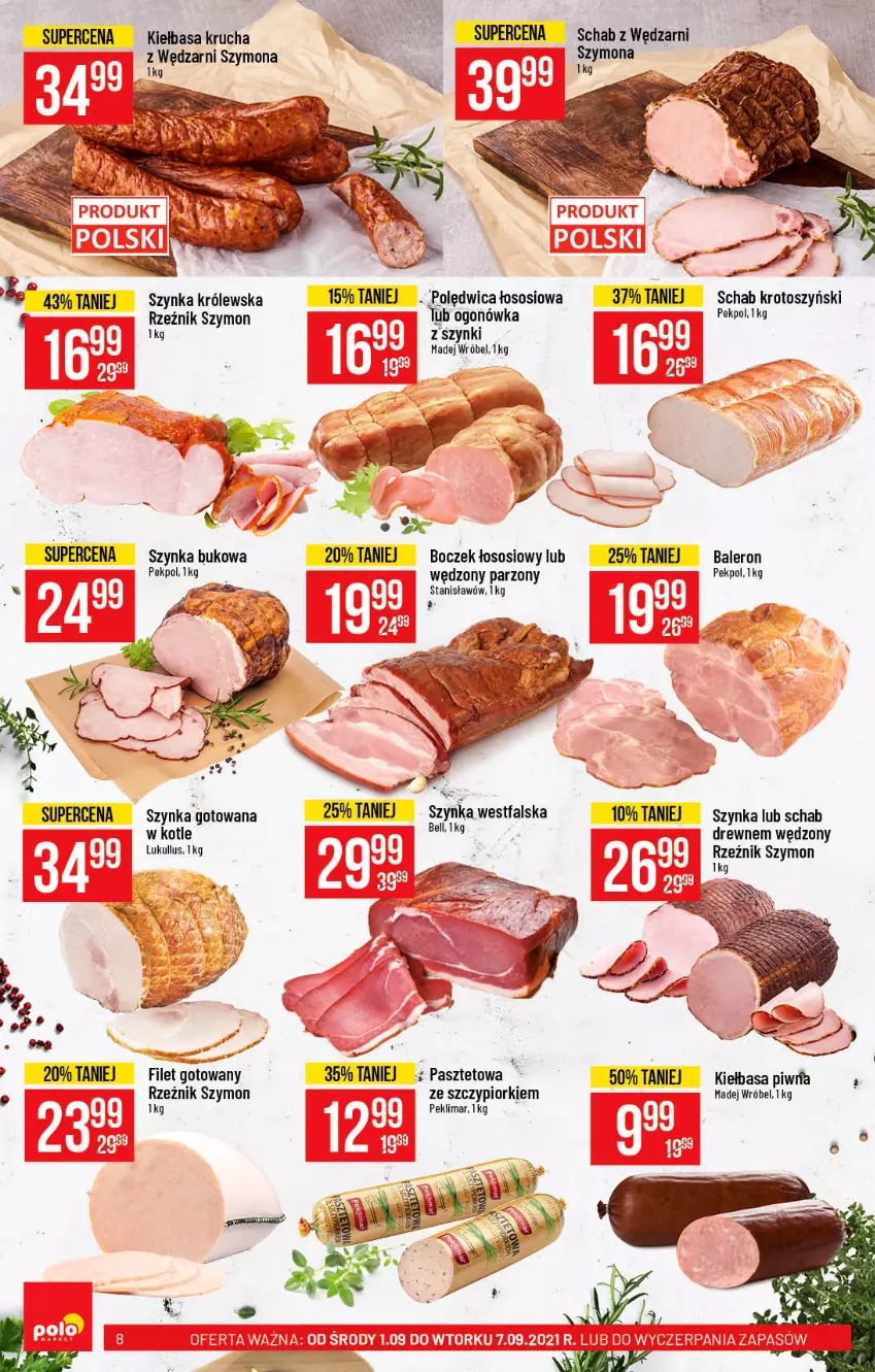 Gazetka promocyjna PoloMarket - Gazetka pomocyjna - ważna 01.09 do 07.09.2021 - strona 8 - produkty: Boczek, Fa, Kiełbasa, Kiełbasa krucha, Madej Wróbel, Pasztet, Pekpol, Polędwica, Schab krotoszyński, Sos, Szynka, Szynka Królewska