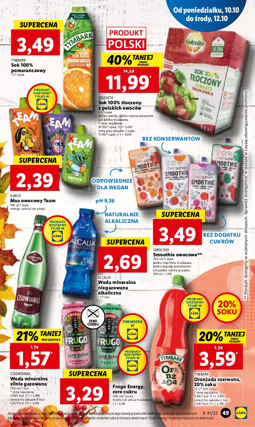 Gazetka promocyjna Lidl - GAZETKA - ważna 10.10 do 12.10.2022 - strona 52 - produkty: Arbuz, Cisowianka, Kaktus, Mango, Mus, Oranżada, Por, Smoothie, Sok, Tymbark, Woda, Woda mineralna