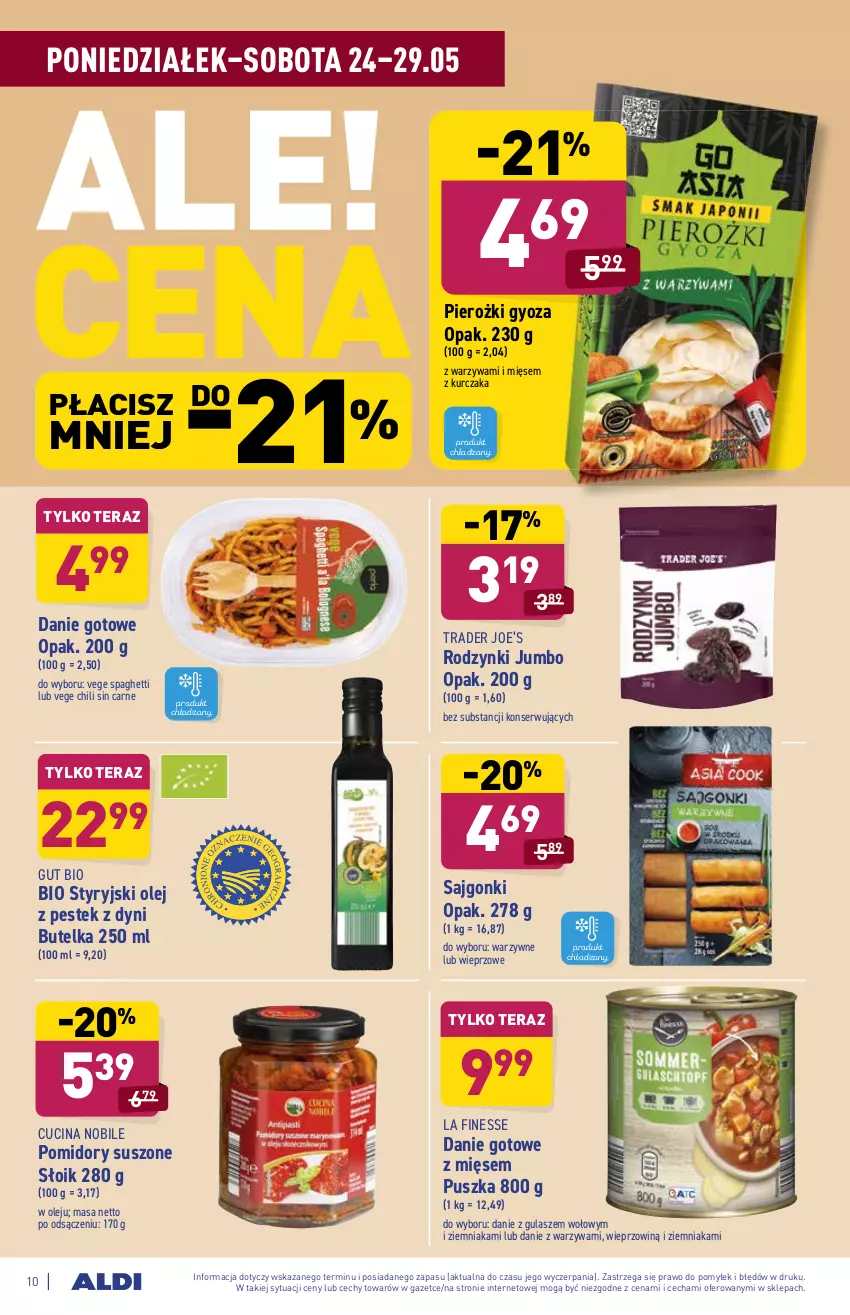 Gazetka promocyjna Aldi - ważna 24.05 do 29.05.2021 - strona 10 - produkty: Danie gotowe, Kurczak, Olej, Pomidory, Rodzynki, Sajgonki, Ser, Spaghetti, Stek, Tera, Warzywa