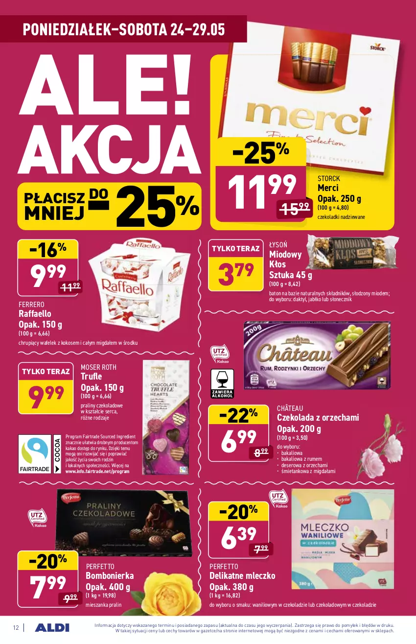 Gazetka promocyjna Aldi - ważna 24.05 do 29.05.2021 - strona 12 - produkty: Baton, Czekolada, Deser, Fa, Ferrero, Gra, Kakao, Kokos, Merci, Mleczko, Moser Roth, Praliny, Raffaello, Rum, Ser, Tera, Wafelek