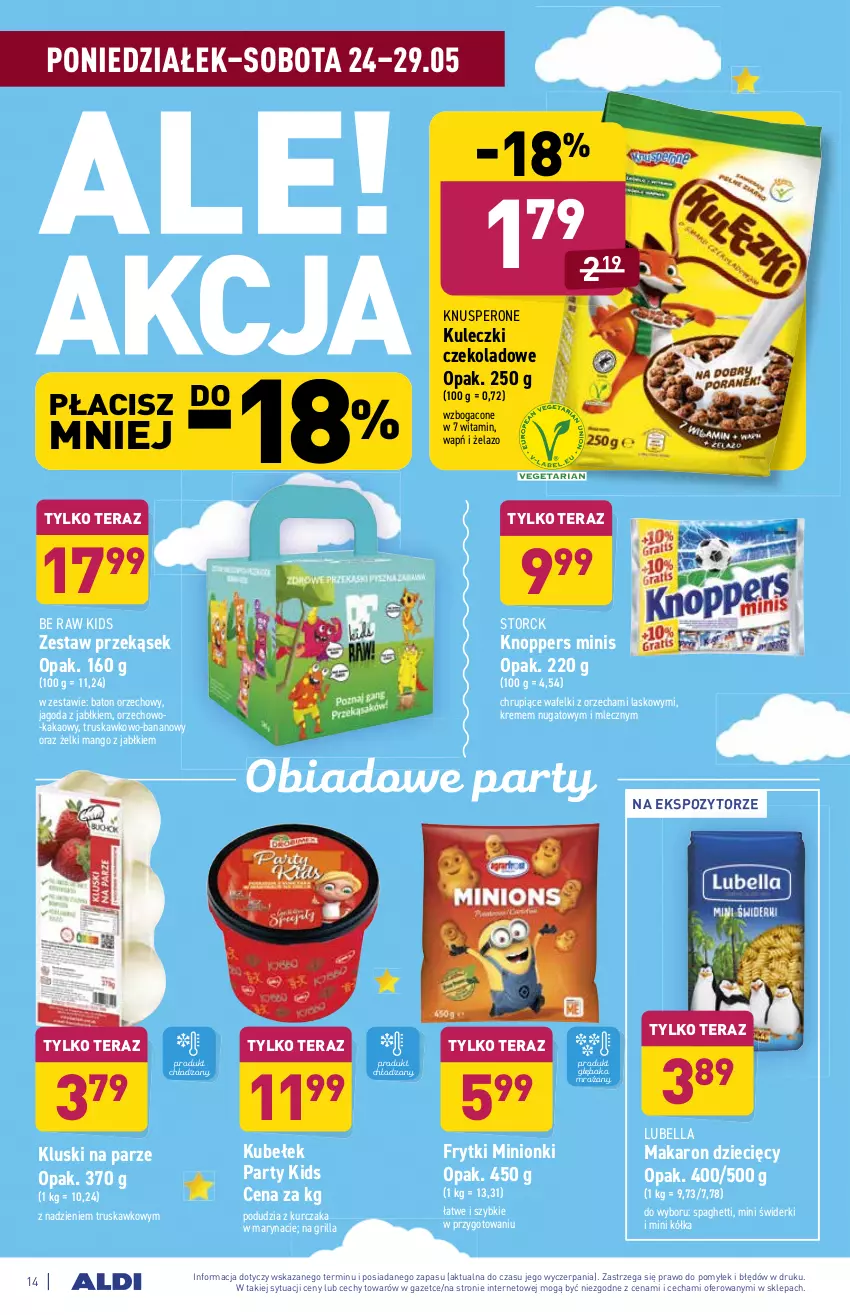 Gazetka promocyjna Aldi - ważna 24.05 do 29.05.2021 - strona 14 - produkty: Baton, Bell, Bella, Dzieci, Frytki, Grill, Kakao, Kluski na parze, Knoppers, Kurczak, Lubella, Makaron, Mango, Spaghetti, Tera