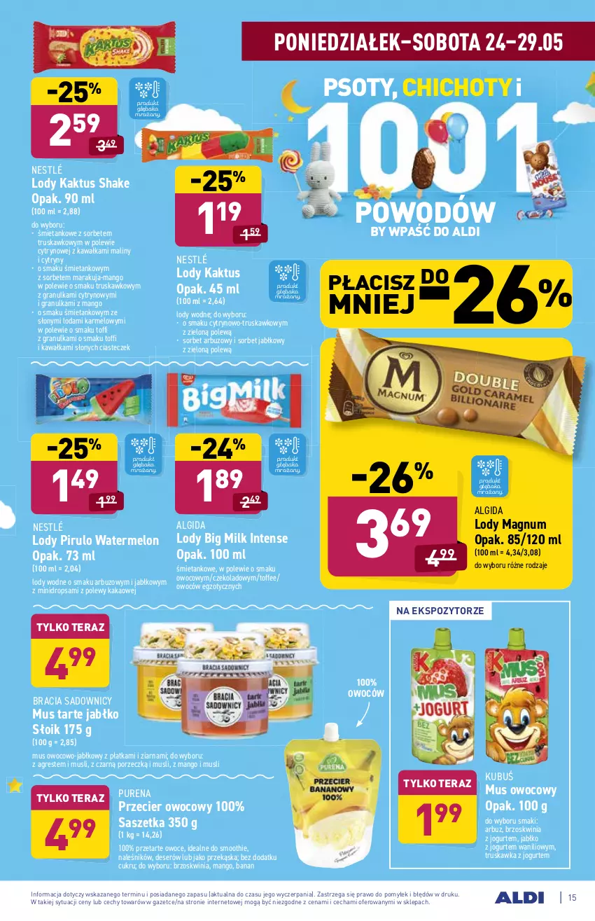 Gazetka promocyjna Aldi - ważna 24.05 do 29.05.2021 - strona 15 - produkty: Algida, Arbuz, Big Milk, Cytryny, Deser, Gra, Gres, Jogurt, Kakao, Kaktus, Kawa, Kubuś, LG, Lody, Maliny, Mango, Melon, Mus, Nestlé, Owoce, Por, Pur, Ser, Smoothie, Tera