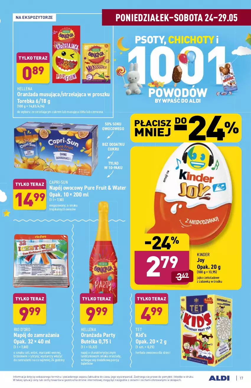 Gazetka promocyjna Aldi - ważna 24.05 do 29.05.2021 - strona 17 - produkty: Cytryny, Dzieci, Hellena, Herbata, Herbata owocowa, Kinder, Mus, Napój, Oranżada, Por, Pur, Sok, Tera, Torebka