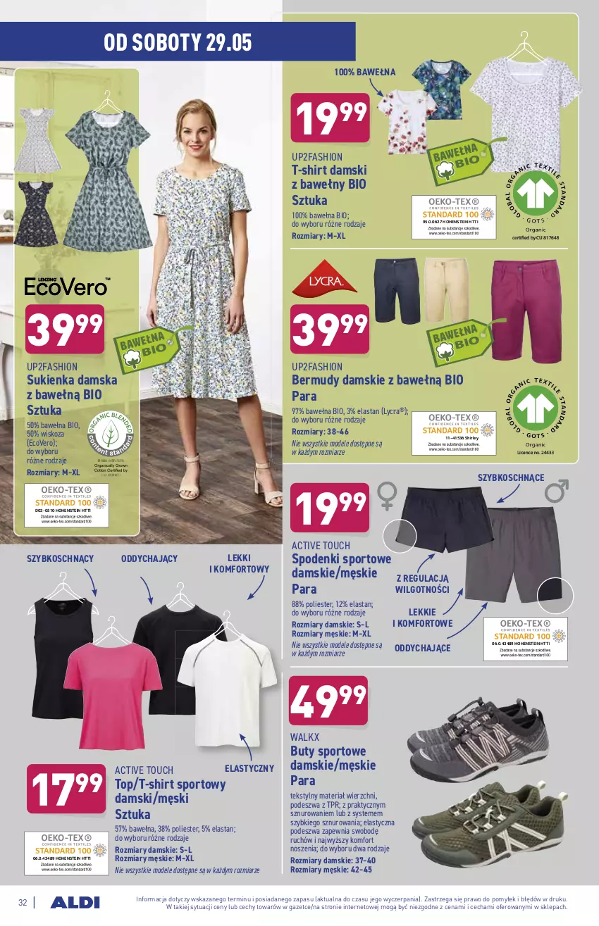 Gazetka promocyjna Aldi - ważna 24.05 do 29.05.2021 - strona 32 - produkty: Bermudy, Buty, Fa, LG, Por, Sport, Sukienka, T-shirt, Top, Wełna