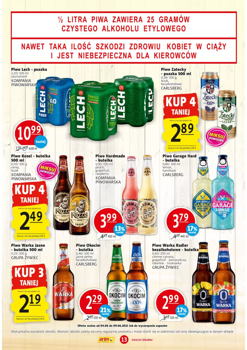 Gazetka promocyjna Prim Market - Gazetka - ważna 04.06 do 09.06.2021 - strona 13 - produkty: Carlsberg, Gra, Koc, Kozel, Okocim, Piwo, Radler, Sok, Warka