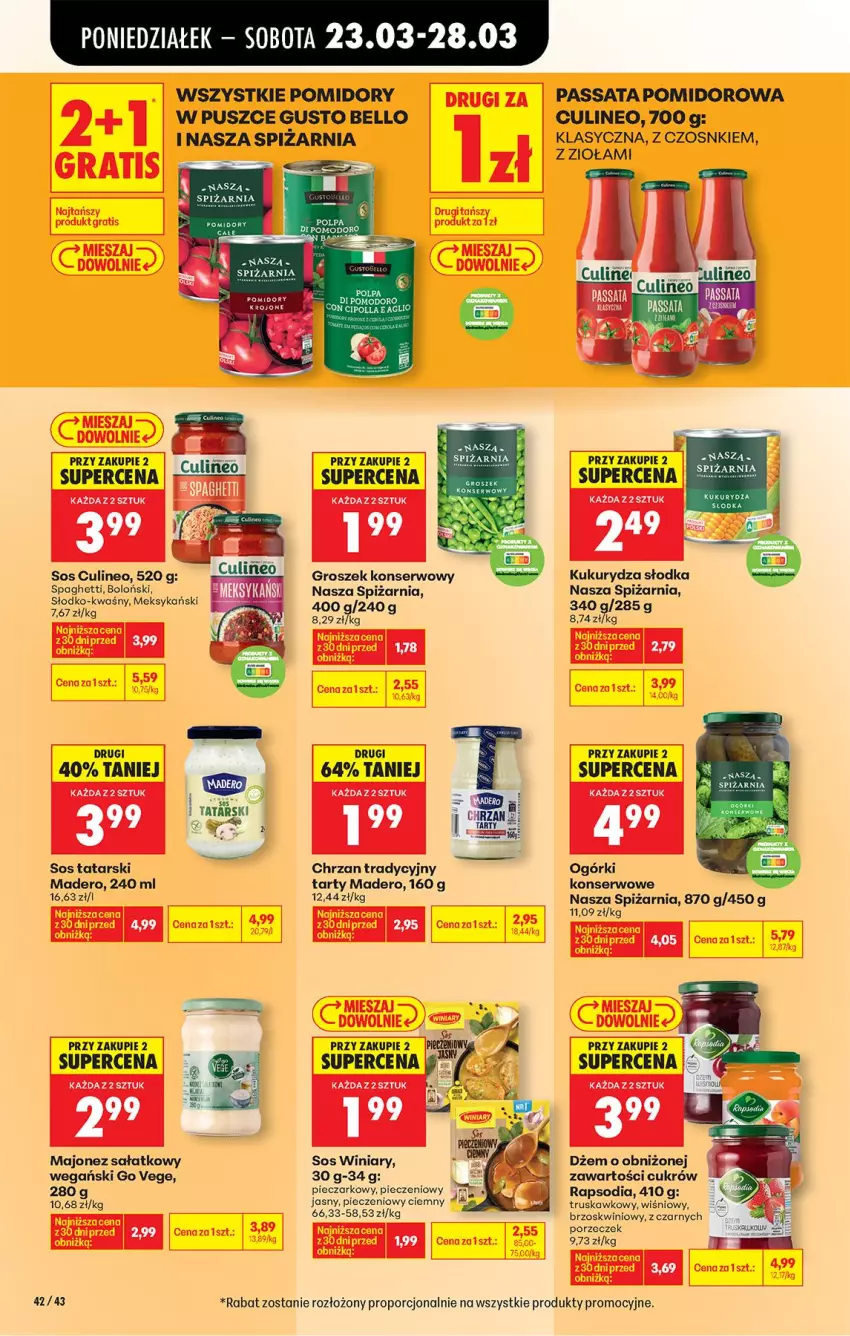 Gazetka promocyjna Biedronka - Od Poniedziałku - ważna 23.03 do 29.03.2026 - strona 58 - produkty: Bell, Chrzan, Dżem, Fa, Groszek, Kukurydza, Majonez, Majonez sałatkowy, Ogórki konserwowe, Piec, Pomidory, Por, Sałat, Ser, Sos, Spaghetti, Winiary