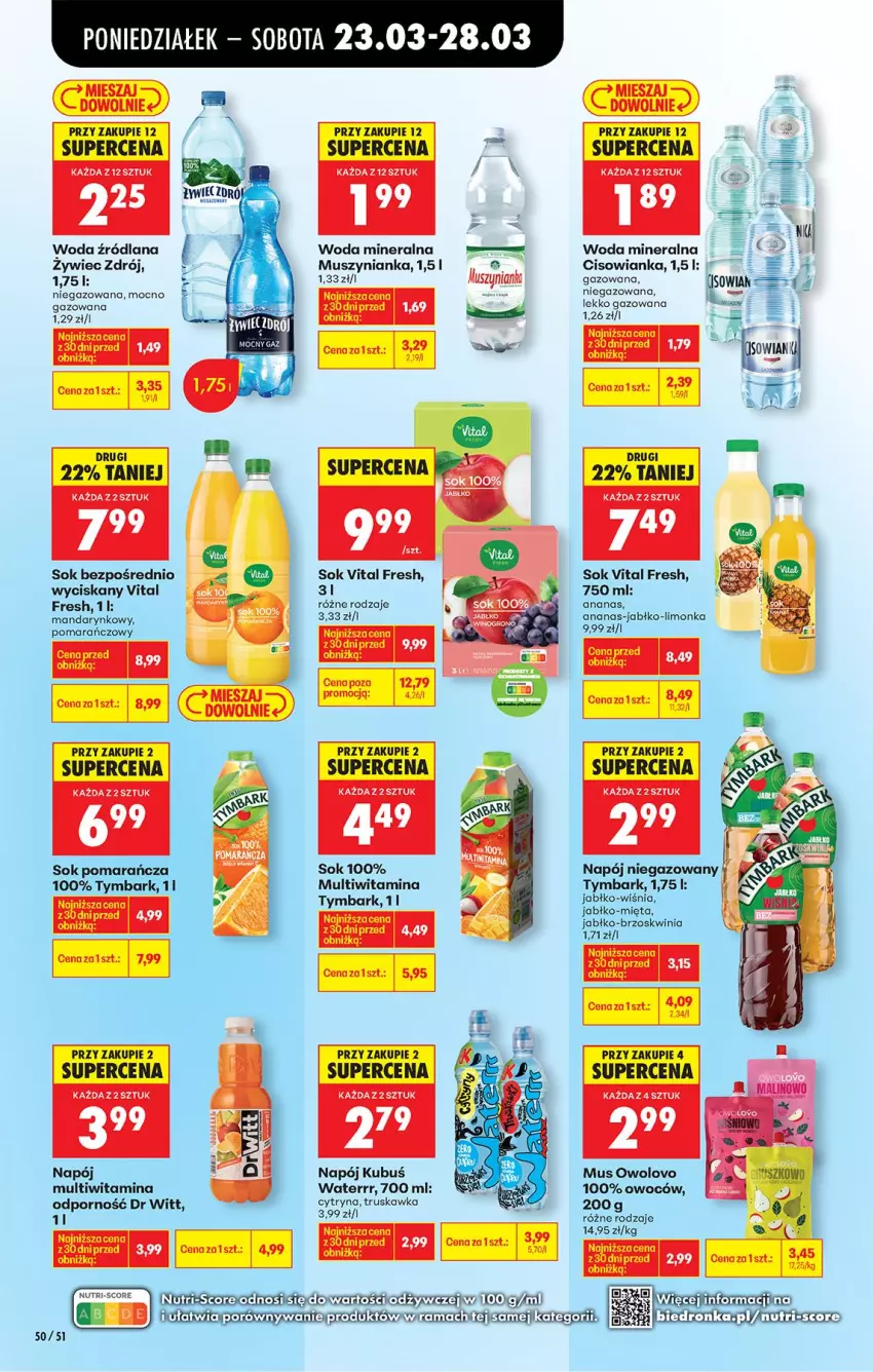 Gazetka promocyjna Biedronka - Od Poniedziałku - ważna 23.03 do 29.03.2026 - strona 72 - produkty: Ananas, Cisowianka, Fa, Kubuś, LANA, Limonka, Mięta, Mus, Muszynianka, Napój, Por, Rama, Sok, Tymbark, Woda, Woda mineralna