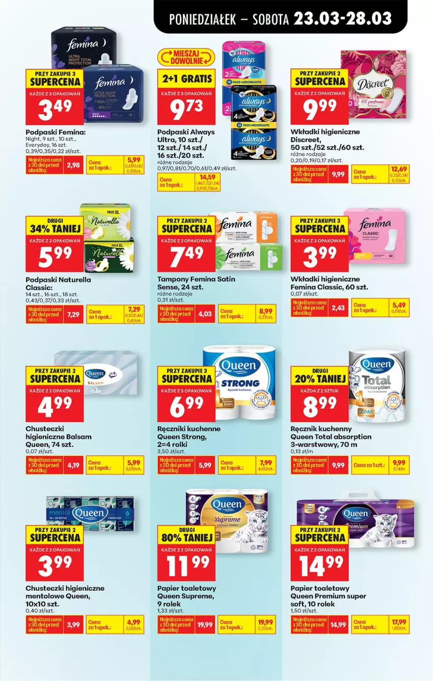 Gazetka promocyjna Biedronka - Od Poniedziałku - ważna 23.03 do 29.03.2026 - strona 81 - produkty: Always, Always Ultra, Chusteczki, Discreet, Gra, Naturell, Naturella, Papier, Papier toaletowy, Podpaski, Ręcznik, Ręcznik kuchenny, Rolki, Sati, Tampony, Top, Wkładki