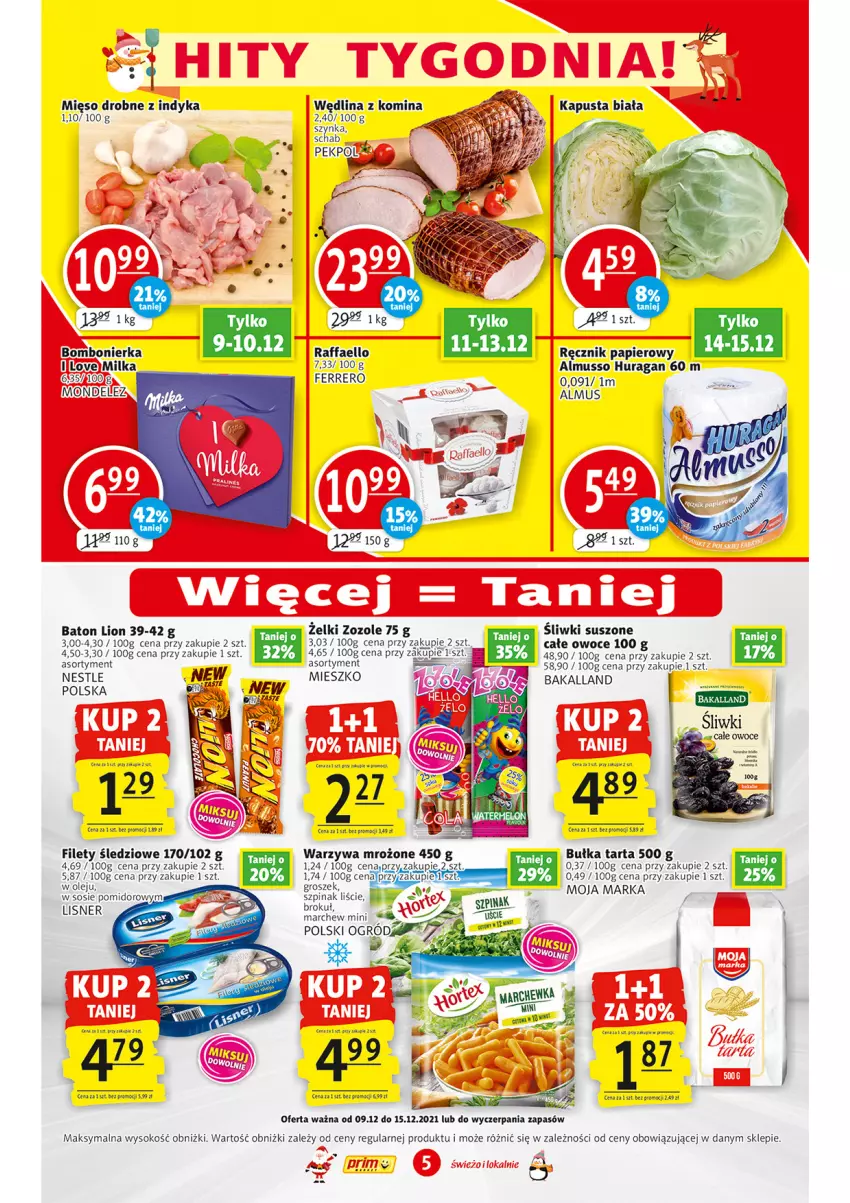 Gazetka promocyjna Prim Market - Gazetka - ważna 09.12 do 15.12.2021 - strona 5 - produkty: Bakalland, Baton, Bułka, Bułka tarta, Fa, Ferrero, Groszek, LG, Lion, Lisner, Mięso, Mus, Owoce, Papier, Raffaello, Ręcznik, Sok, Sos, Szynka, Tarta, Warzywa, Wędlina