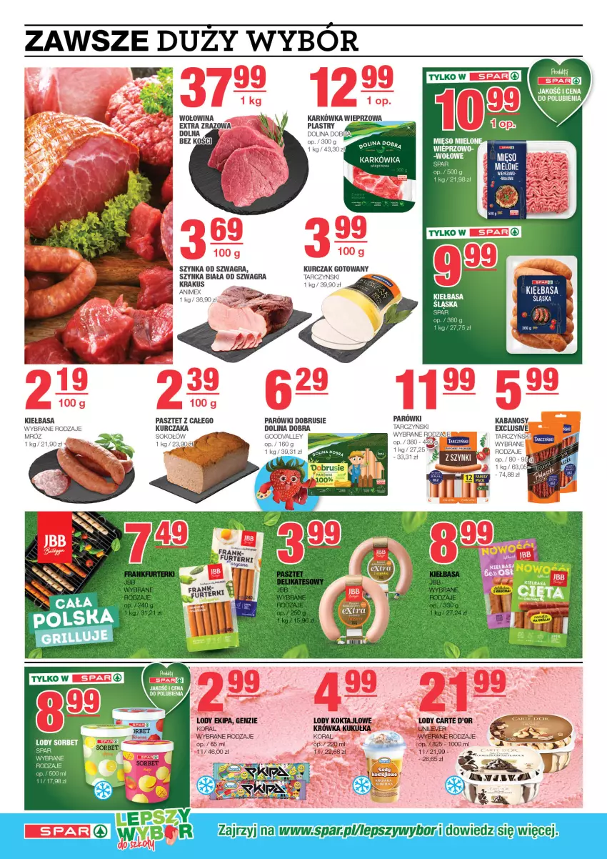 Gazetka promocyjna Spar - EuroSpar - ważna 11.08 do 21.08.2024 - strona 4 - produkty: Carte d'Or, Gra, Kabanos, Karkówka wieprzowa, Kiełbasa, Krakus, Kurczak, Kurczak gotowany, LG, Lody, Obrus, Parówki, Pasztet, Sok, Sokołów, Szynka, Szynka biała, Tarczyński, Wołowina