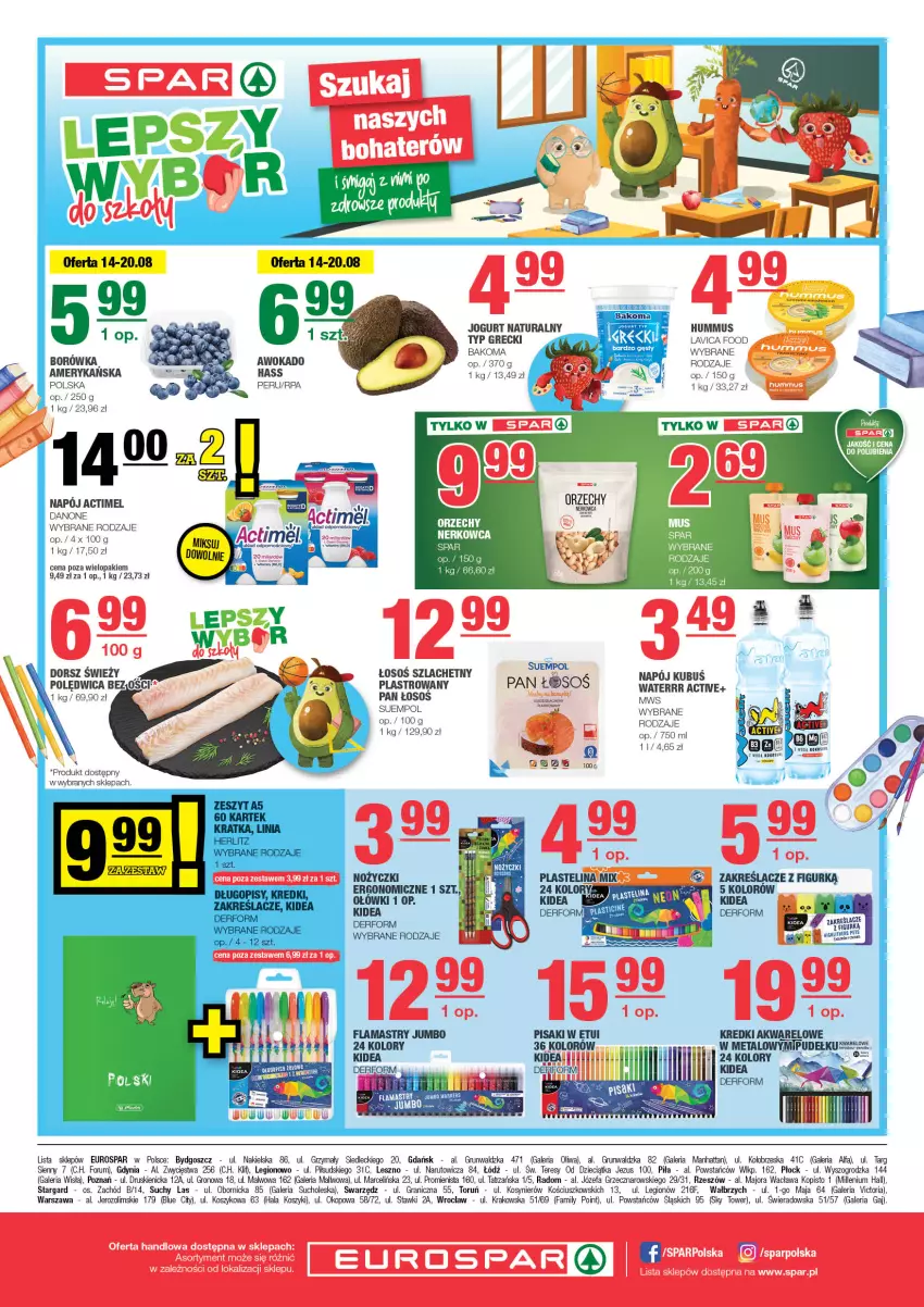 Gazetka promocyjna Spar - EuroSpar - ważna 11.08 do 21.08.2024 - strona 8 - produkty: Actimel, Bakoma, Borówka, Danone, Dorsz, Dzieci, Fa, Flamastry, Gra, Hummus, Jogurt, Jogurt naturalny, Kosz, Kubuś, Mus, Napój, Noż, Nożyczki, Oliwa, Polędwica, Rum, Suempol