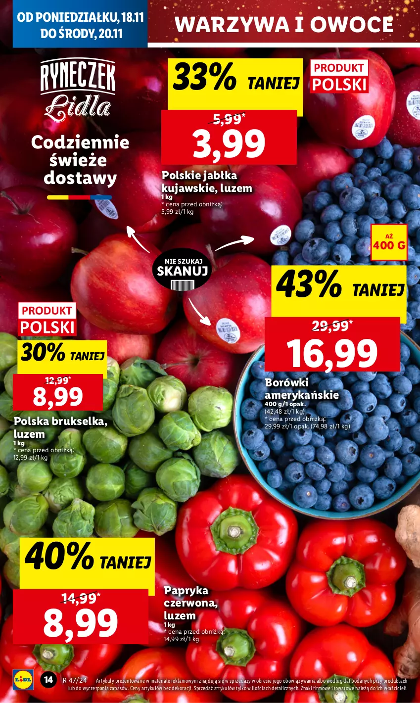 Gazetka promocyjna Lidl - GAZETKA - ważna 18.11 do 20.11.2024 - strona 18 - produkty: Brukselka, Jabłka, Kujawski, Owoce, Papryka, Papryka czerwona, Warzywa, Warzywa i owoce