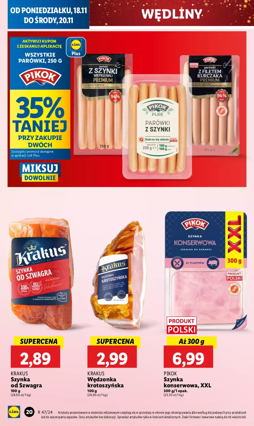 Gazetka promocyjna Lidl - GAZETKA - ważna 18.11 do 20.11.2024 - strona 24 - produkty: Gra, Krakus, Parówki, PIKOK, Ser, Szynka, Szynka konserwowa