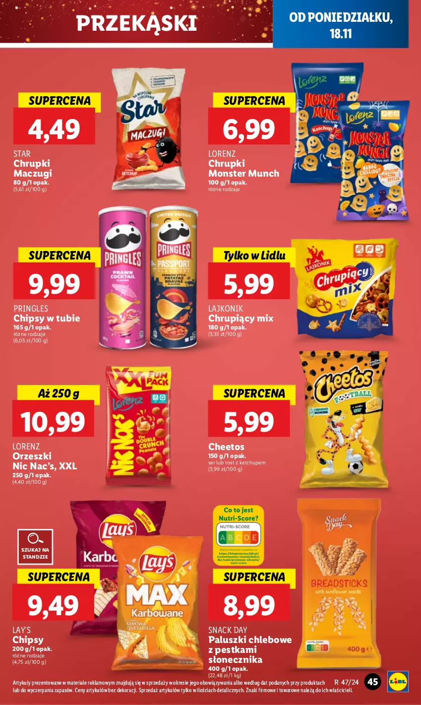 Gazetka promocyjna Lidl - GAZETKA - ważna 18.11 do 20.11.2024 - strona 53 - produkty: Cheetos, Chipsy, Chleb, Chrupki, Ketchup, Lajkonik, Lay’s, Lorenz, Monster Munch, Orzeszki, Pringles, Ser