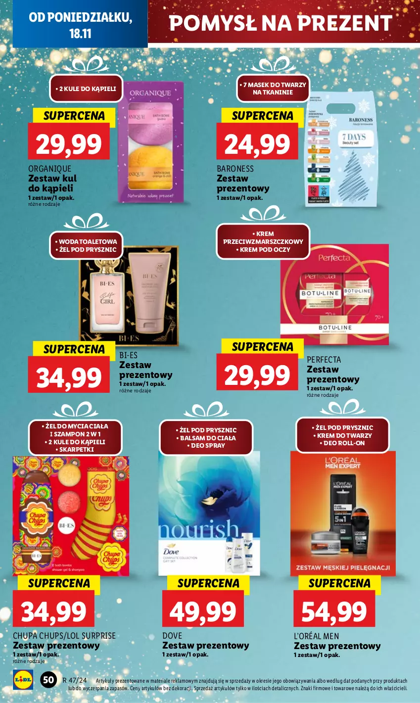 Gazetka promocyjna Lidl - GAZETKA - ważna 18.11 do 20.11.2024 - strona 58 - produkty: Balsam do ciała, Chupa Chups, Dove, Karp, Krem do twarzy, Krem pod oczy, Krem przeciwzmarszczkowy, L’Oréal, Mars, Perfecta, Skarpetki, Szampon, Woda, Woda toaletowa, Zestaw prezentowy