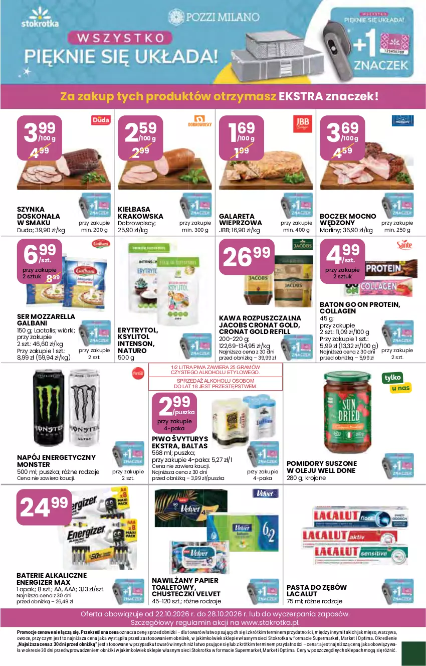 Gazetka promocyjna Stokrotka - Supermarket - ważna 22.10 do 28.10.2026 - strona 12 - produkty: Baterie alkaliczne, Baton, Boczek, Chusteczki, Duda, Energizer, Gala, Galbani, Gra, Jacobs, Kawa, Kawa rozpuszczalna, Kiełbasa, Kiełbasa krakowska, Ksylitol, Lacalut, Mięso, Morliny, Mozzarella, Napój, Napój energetyczny, Nawilżany papier, Olej, Optima, Owoce, Papier, Papier toaletowy, Pasta do zębów, Piwa, Piwo, Pomidory, Ser, Szynka, Velvet, Warzywa