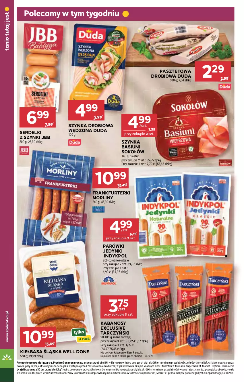 Gazetka promocyjna Stokrotka - Supermarket - ważna 22.10 do 28.10.2026 - strona 19 - produkty: Duda, Frankfurterki, Kabanos, Kiełbasa, Kiełbasa śląska, Mięso, Morliny, Optima, Owoce, Parówki, Pasztet, Ser, Serdelki, Sok, Sokołów, Szynka, Tarczyński, Warzywa