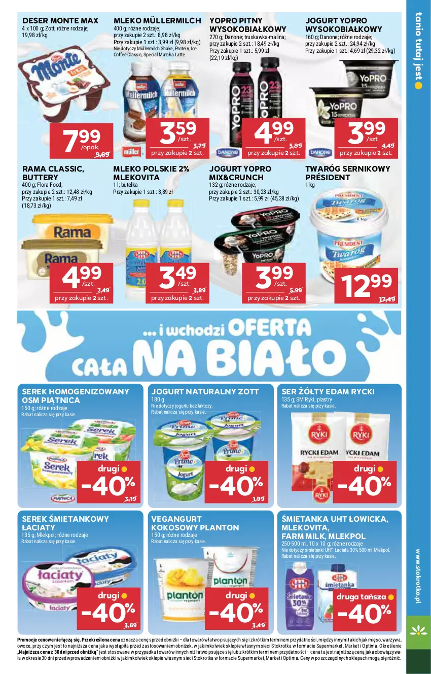 Gazetka promocyjna Stokrotka - Supermarket - ważna 22.10 do 28.10.2026 - strona 22 - produkty: Danone, Deser, Edam, Fa, Farm Milk, Flora, Jogurt, Jogurt naturalny, Kokos, Mięso, Mleko, Mlekovita, Monte, Müller, Müllermilch, Optima, Owoce, Piątnica, Président, Rama, Ser, Serek, Serek homogenizowany, Sok, Twaróg, Vegangurt, Warzywa, Zott