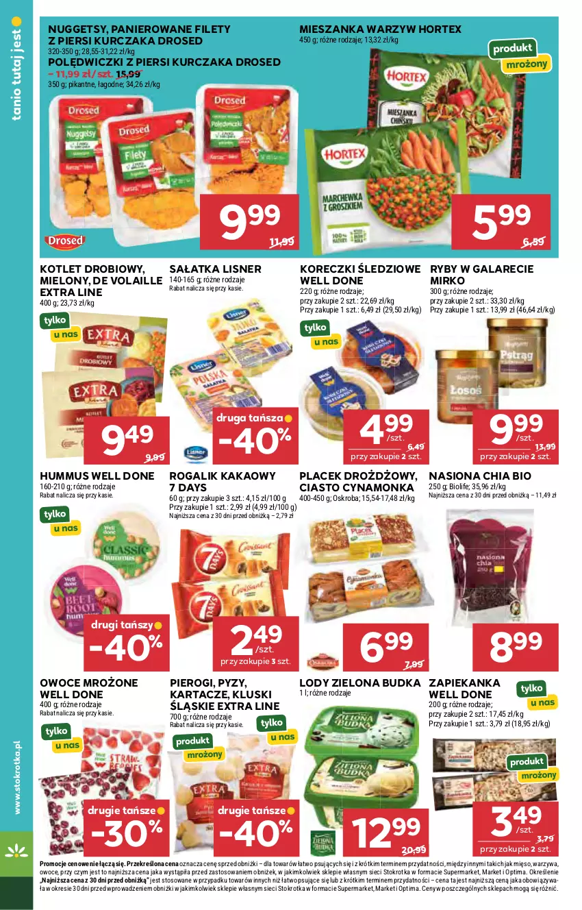 Gazetka promocyjna Stokrotka - Supermarket - ważna 22.10 do 28.10.2026 - strona 33 - produkty: 7 Days, Chia, Gala, Hortex, Hummus, Kakao, Koreczki śledziowe, Kotlet, Kurczak, Lisner, Lody, Mięso, Mieszanka warzyw, Mus, Optima, Owoce, Pierogi, Rogal, Sałat, Sałatka, Warzywa, Zapiekanka, Zielona Budka
