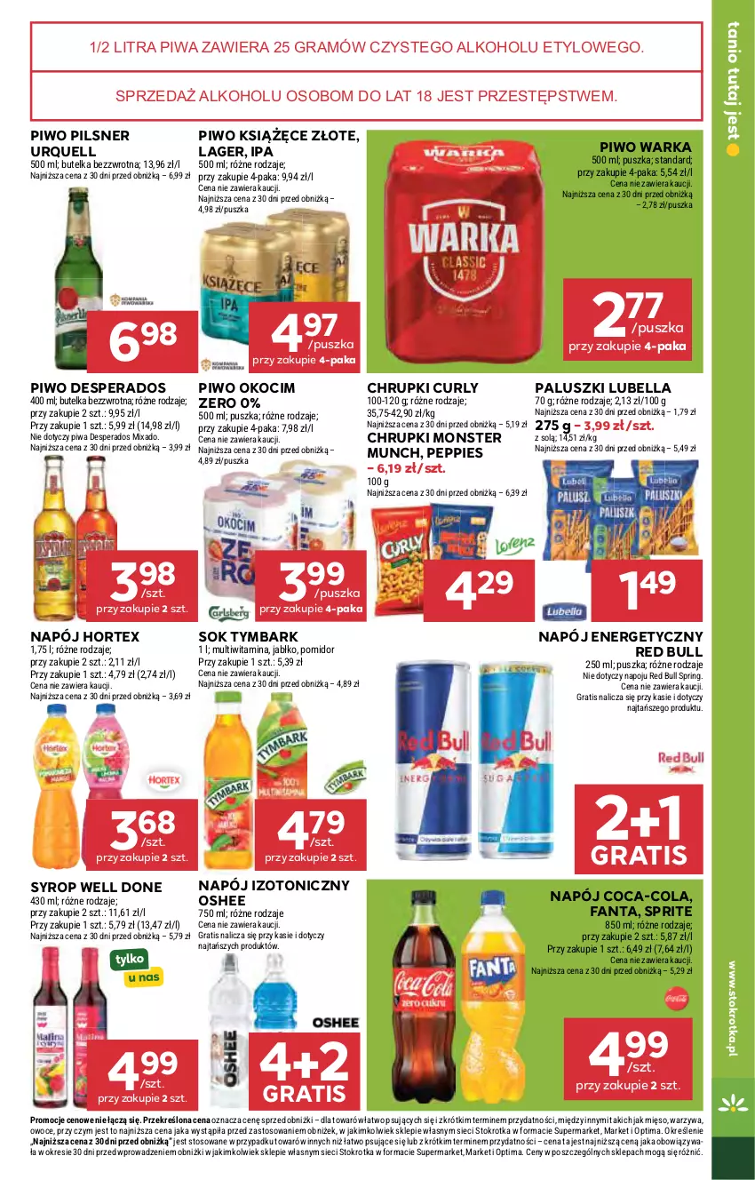 Gazetka promocyjna Stokrotka - Supermarket - ważna 22.10 do 28.10.2026 - strona 36 - produkty: Bell, Bella, Chrupki, Coca-Cola, Desperados, Fa, Fanta, Gra, Hortex, Koc, Książęce, Lubella, Mięso, Mixa, Monster Munch, Napój, Napój energetyczny, Napój izotoniczny, Okocim, Optima, Oshee, Owoce, Pilsner Urquell, Piwa, Piwo, Red Bull, Sok, Sprite, Syrop, Tymbark, Warka, Warzywa