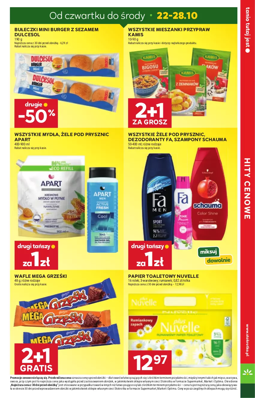 Gazetka promocyjna Stokrotka - Supermarket - ważna 22.10 do 28.10.2026 - strona 4 - produkty: Bułeczki, Burger, Dezodorant, Fa, Gra, Grześki, Kamis, Mięso, Optima, Owoce, Papier, Papier toaletowy, Rum, Schauma, Sezam, Szampon, Wafle, Warzywa