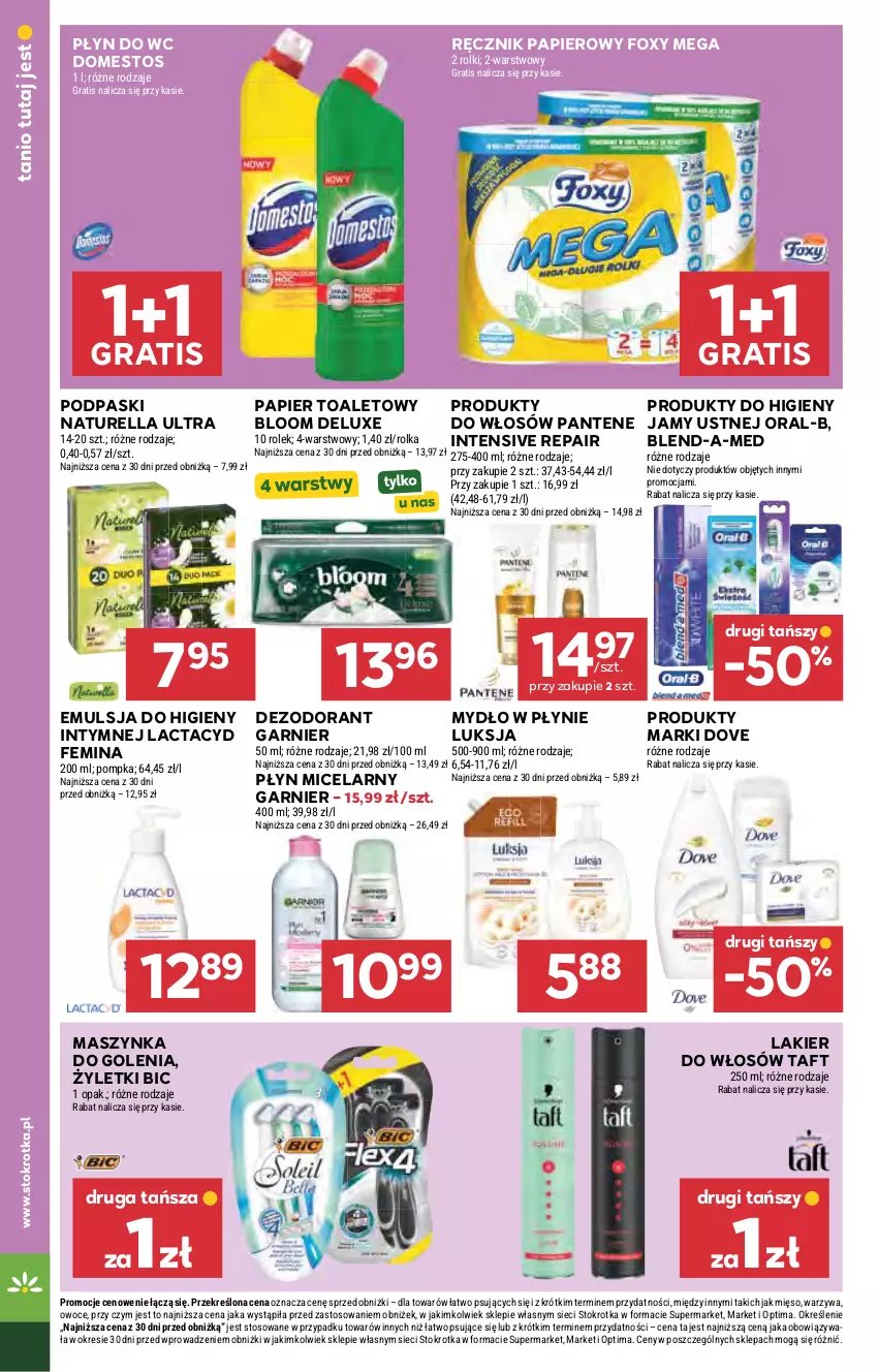Gazetka promocyjna Stokrotka - Supermarket - ważna 22.10 do 28.10.2026 - strona 41 - produkty: BIC, Blend-a-Med, Dezodorant, Domestos, Dove, Emulsja, Foxy, Garnier, Gra, Lactacyd, Lakier, Lakier do włosów, Luksja, Maszynka, Maszynka do golenia, Mięso, Mydło, Mydło w płynie, Naturell, Naturella, Optima, Owoce, Pantene, Papier, Papier toaletowy, Płyn do wc, Płyn micelarny, Podpaski, Pompka, Ręcznik, Rolki, Szynka, Taft, Warzywa