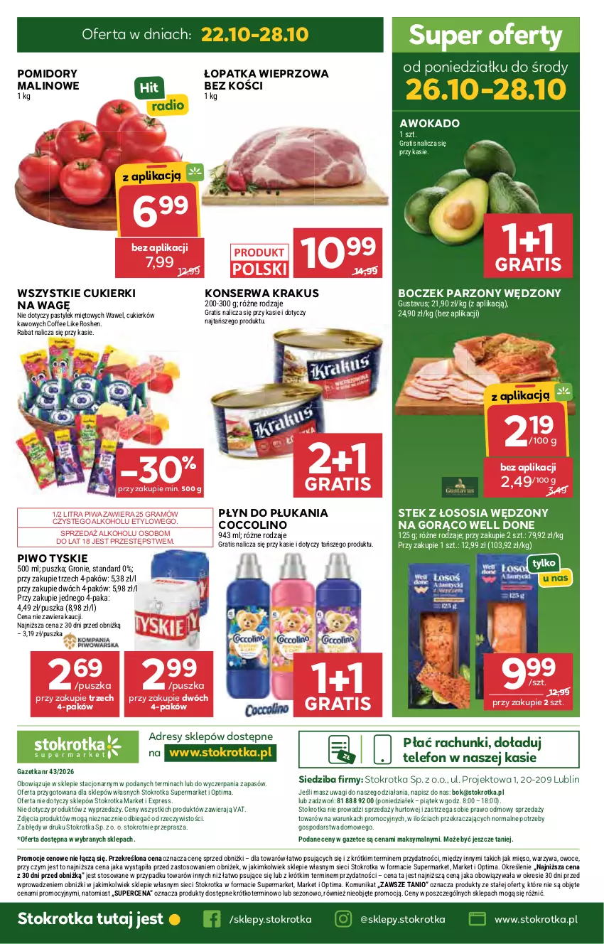 Gazetka promocyjna Stokrotka - Supermarket - ważna 22.10 do 28.10.2026 - strona 54 - produkty: Boczek, Coccolino, Cukier, Cukierki, Dres, Gra, Krakus, Mięso, O nas, Optima, Owoce, Piwa, Piwo, Płyn do płukania, Pomidory, Ser, Sos, Stek, Telefon, Tyskie, Wagi, Warzywa, Wawel