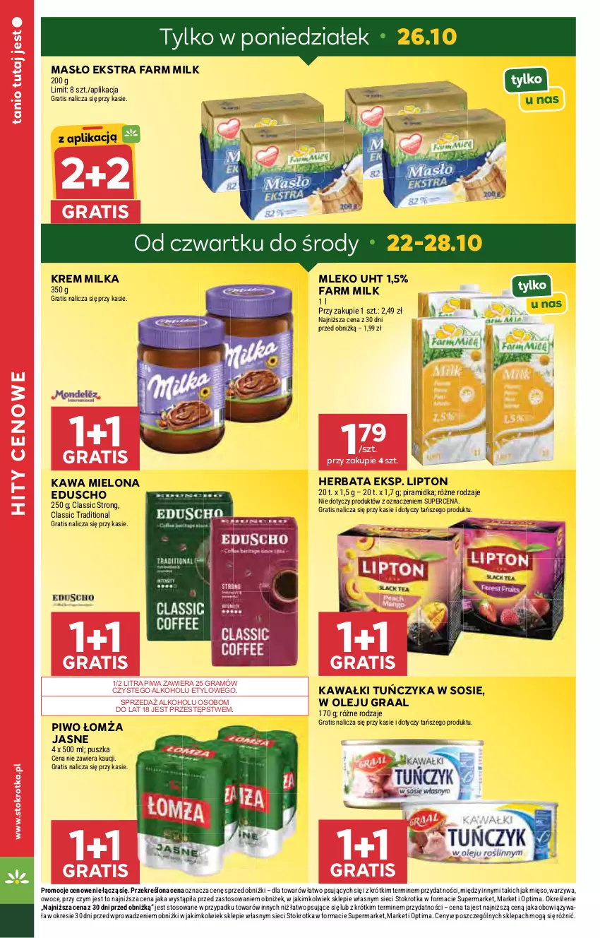 Gazetka promocyjna Stokrotka - Supermarket - ważna 22.10 do 28.10.2026 - strona 7 - produkty: Fa, Farm Milk, Gra, Graal, Herbata, Kawa, Kawa mielona, Lipton, Masło, Mięso, Milka, Mleko, Olej, Optima, Owoce, Piwa, Piwo, Sos, Tuńczyk, Warzywa