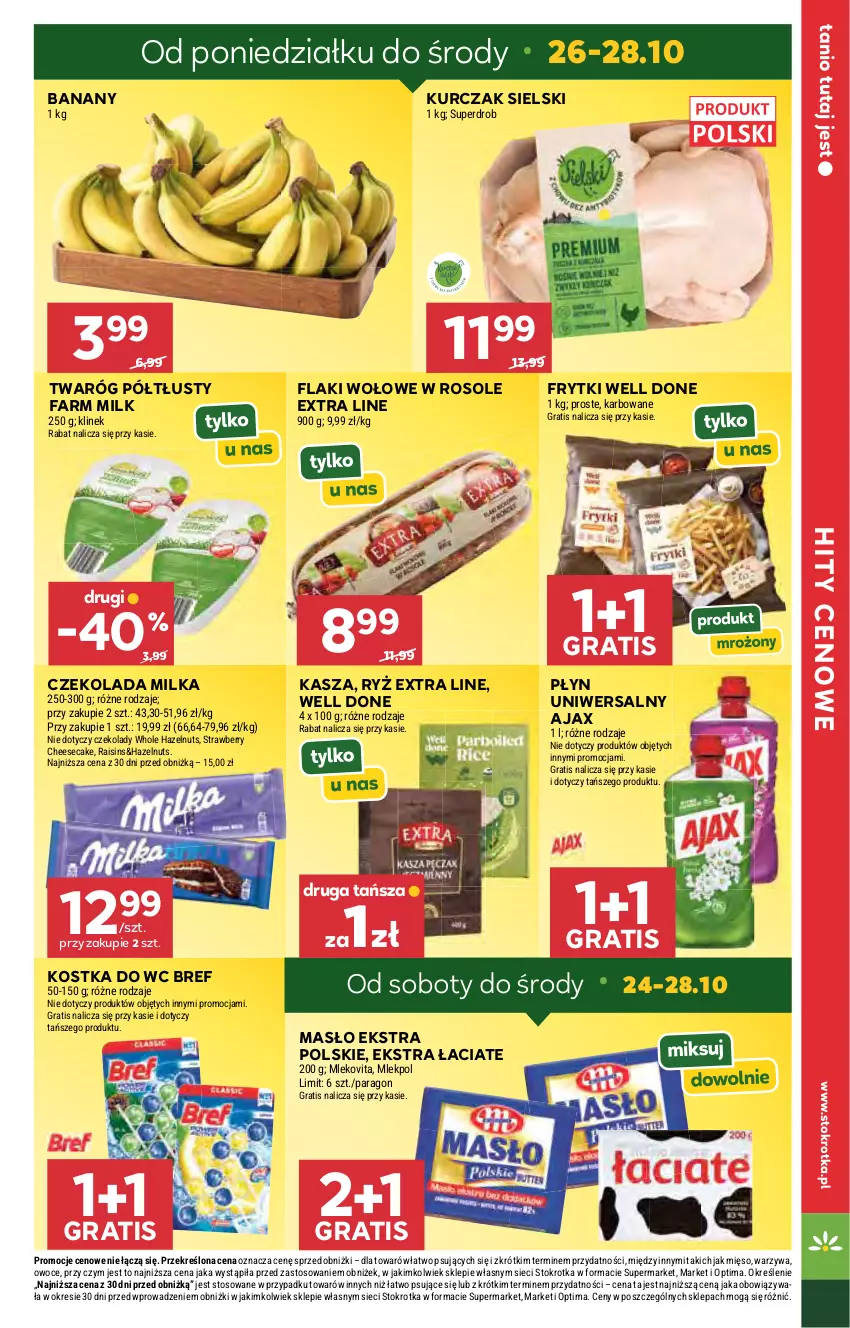 Gazetka promocyjna Stokrotka - Supermarket - ważna 22.10 do 28.10.2026 - strona 8 - produkty: Ajax, Banany, Bref, Czekolada, Fa, Farm Milk, Flaki, Flaki wołowe, Frytki, Gra, Kasza, Kostka do wc, Kurczak, Masło, Mięso, Milka, Mleko, Mlekovita, Optima, Owoce, Ryż, Twaróg, Twaróg półtłusty, Warzywa