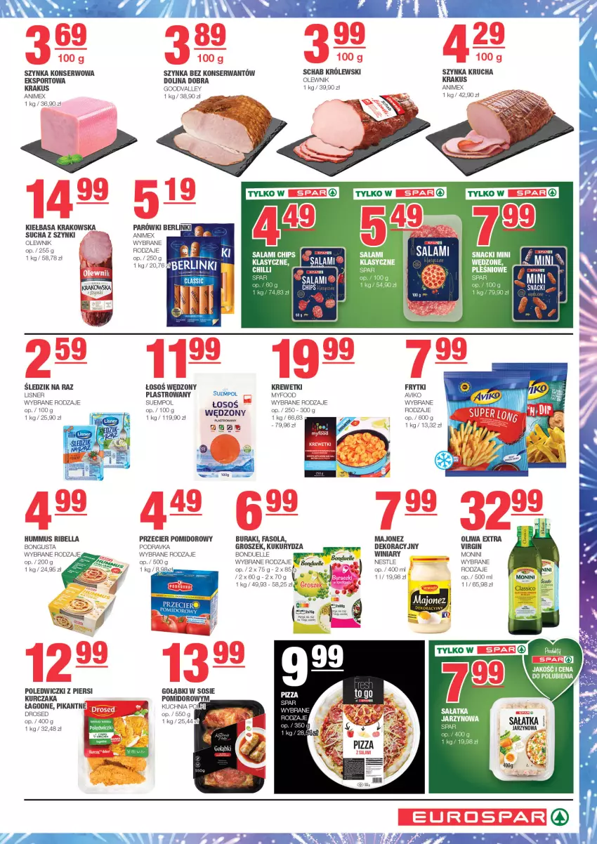 Gazetka promocyjna Spar - EuroSpar - ważna 27.12.2024 do 06.01.2025 - strona 3 - produkty: Bell, Bella, Bonduelle, Buraki, Fa, Fasola, Frytki, Gaga, Gin, Groszek, Hummus, Jaja, Kiełbasa, Kiełbasa krakowska, Krakus, Krewetki, Królewski, Kukurydza, Kurczak, Lisner, Majonez, Monini, Mus, Olewnik, Oliwa, Parówki, Podravka, Por, Ser, Sos, Sport, Suempol, Szynka, Szynka konserwowa, Winiary