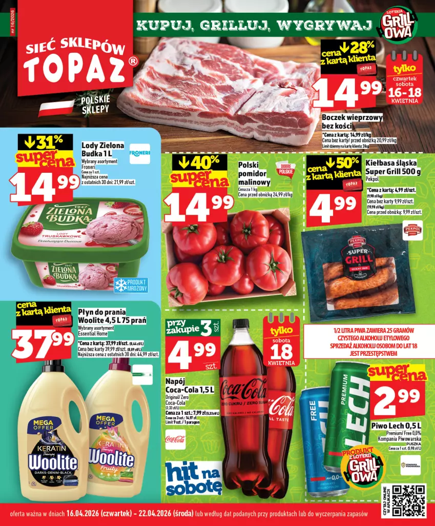 Gazetka promocyjna Topaz - Gazetka - ważna 16.04 do 22.04.2026 - strona 1 - produkty: Gra, Grill, Gry, Kiełbasa, Kiełbasa śląska, LG, Lody, Pekpol, Piwa, Płyn do prania, Woolite