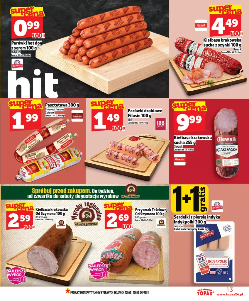 Gazetka promocyjna Topaz - Gazetka - ważna 16.04 do 22.04.2026 - strona 13 - produkty: Hot dog, Kiełbasa, Kiełbasa krakowska, Olewnik, Parówki, Parówki hot dog, Pasztet, Ser, Serdelki, Top